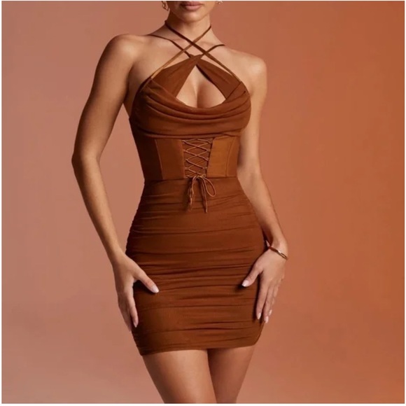 Oh Polly Dresses & Skirts - OH POLLY‎ NOELANI Halter Neck Corset Mini Dress in Brown Size 8 NWT